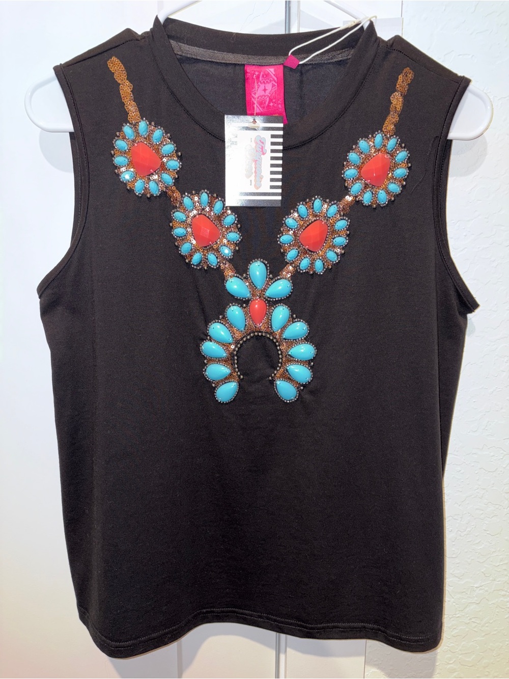 Queen of Sparkles Black Embellished Tank Top with Turquoise & Coral Accents